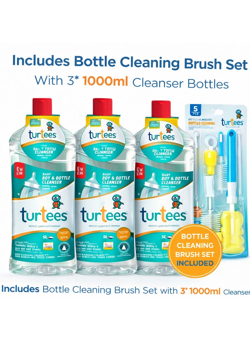 Turtees Baby Toy & Bottle Cleanser 1000ml (Pack of 3) with Bottle Cleaning Brush Set | Gentle Baby Bottle Wash | Removes Milk Residue & Odour | Suitable for Bottles, Nipples & Toys - Image 2